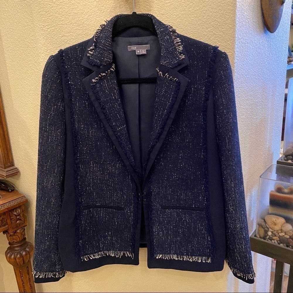 VINCE Women Navy Fringe Trim Tweed Blazer Jacket Size Medium
